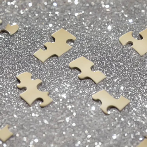 Prompt: Two interlocking puzzle pieces separated by one inch on a glittery surface, hi-res photo