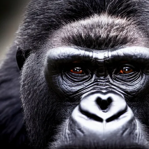 Prompt: portrait photo of a curious silverback gorilla with joe biden's facial features looking into the camera, indoors, f 1. 4, golden ratio, rim light, top light, overcast day