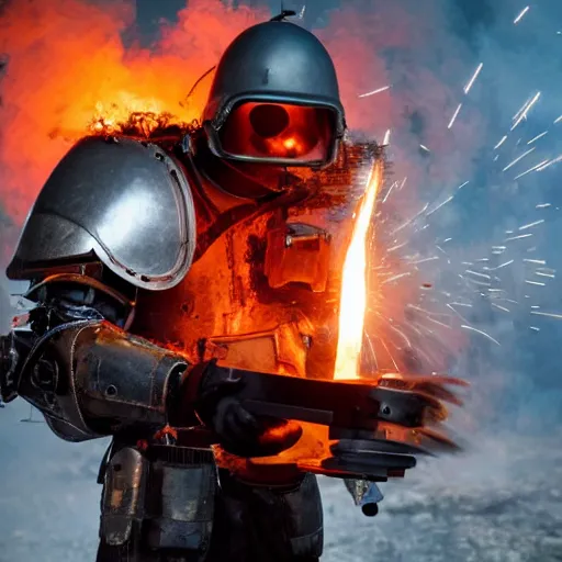 Image similar to angry man in juggernaut armor burning a desktop tower pc with a military flamethrower