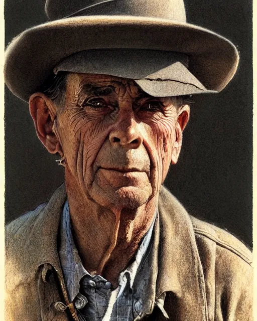 Prompt: high quality high detail pencil drawing by norman rockwell, hd, close up portrait, old cowboy, muted pastel colors, photorealistic lighting