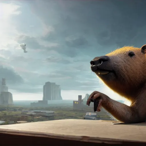 Image similar to a high quality photo of an antropomorphic capybara wearing a suit, 3d scene, render, ultra realistic, zenith view, Greg Rutkowski, artstation, cgsociety, unreal engine