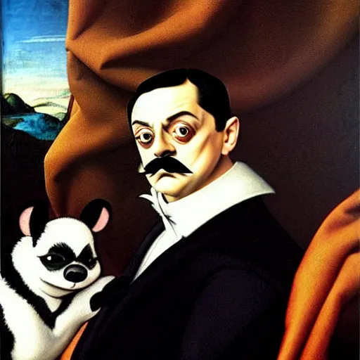 Prompt: a renaissance painting of gomez addams as pepe le pew, portrait by michelangelo,