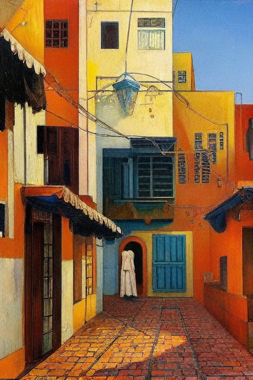 Prompt: eerie street in Tel Aviv Jaffa, Israel, solar water heating and antenna on the roofs, laundry drying under the windows, victor Nizovtsev, edward hopper, giorgio di chirico