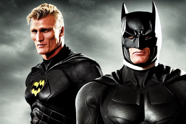 Image similar to film still of Dolph Lundgren as Batman in The Batman, 4k