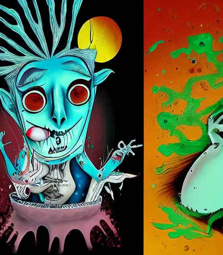 Prompt: Tim Burton style Freezing by Alex Pardee and Nekro and Petros Afshar, and James McDermott,unstirred paint, vivid color, cgsociety 4K