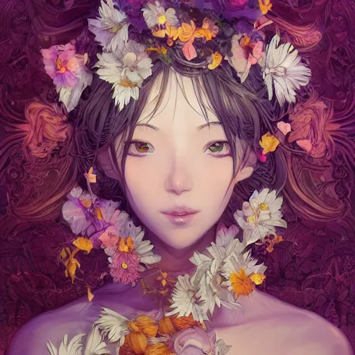 Image similar to the portrait of an absurdly beautiful, graceful, and elegant anime woman made of bananas and petals, an ultrafine detailed illustration by kim jung gi, irakli nadar, rossdraws, intricate linework, bright colors, final fantasy, behance contest winner, angular, unreal engine 5 highly rendered, global illumination, radiant light, detailed and intricate environment