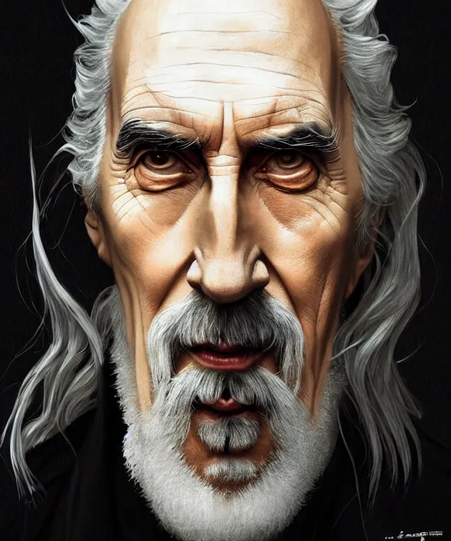 Prompt: portrait christopher lee as saruman as walter white with a bandaid across his nose, caricature, headshot, highly detailed, digital painting, artstation, concept art, sharp focus, cinematic lighting, illustration, art by met mangindaan, artgerm and greg rutkowski, alphonse mucha, cgsociety