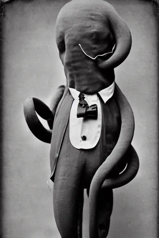 Image similar to anthropomorphic octopus , wearing a suit, tentacles spilling out of the collar, vintage photograph, sepia