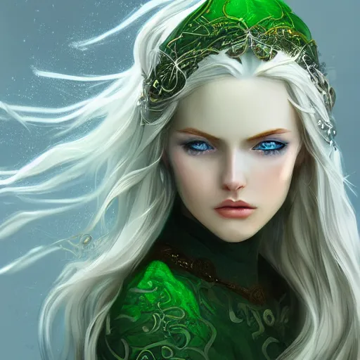 Image similar to portrait of a beautiful young woman with bright blue eyes, flowing white hair, dressed in a green, detailed face, fantasy, highly detailed, cinematic lighting, digital art painting by artgem, trending on artstation, very very beautiful, very attractive, high fantasy