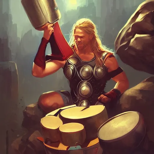 Image similar to thor playing the bongos, comic style by guweiz and stanley artgerm, extremely high quality artwork, very detailed, trending on artstation