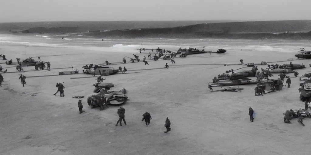 Image similar to WW2 omaha beach in the style of Dim Martin