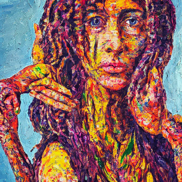 Prompt: close up studio portrait of lovely hippy chick symmetrical face with her hair in a patterned bandana in 1972, impasto heavy brushstrokes oil painting by Lucian Freud and Tim Hawkinson and Cy Twombly, Intense colors trending on artstation dramatic lighting Expressionism