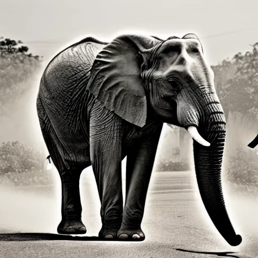 Prompt: picture of elephant riding a motorcycle, white and black, national geographic, award winning