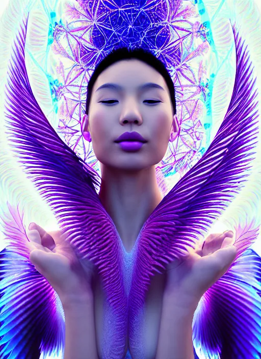 Prompt: ecstatic beautiful young asian woman by irakli nadar, several layers of 3 d translucent feathers fractals radiating behind with sacred geometry, cosmic, natural, awakening, symmetrical, in the style of ernst haeckel, effervescent, warm, photo realistic, epic and cinematic, purple, light blue