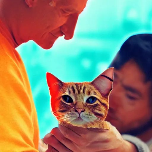 Prompt: a picture of an orange man petting a cat, digital art, 8 k.