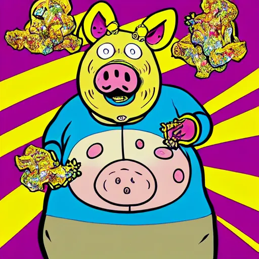 Image similar to trippy comic art of a obese pig wearing a gold crown throwing pork rinds snacks into the air, drawn by Martin Rowson, Tim Burton, Studio Ghibli, Alex Pardee, Nekro Petros Afshar, James McDermott, colors by lisa frank, unstirred paint, vivid color, cgsociety 4K