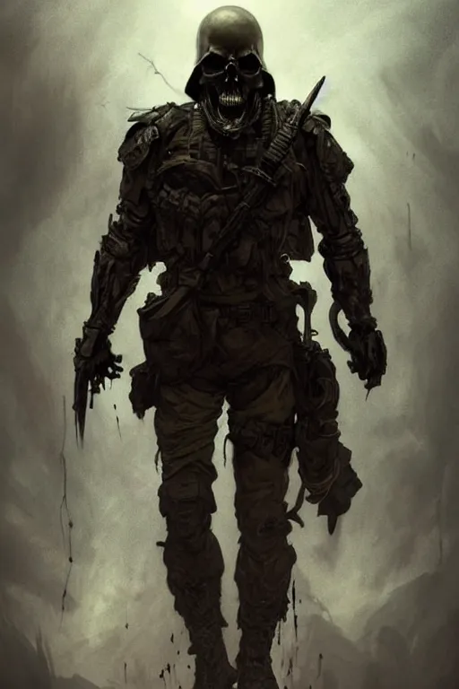 Prompt: full body portrait of an evil soldier, dark magic, skull face, man, heroic pose, full body, dramatic lighting, dark and horror, dust and blood, lightning, intricate, wild, highly detailed, digital painting, artstation, concept art, smooth, sharp focus, illustration, art by artgerm and greg rutkowski and alphonse mucha, footage from space camera