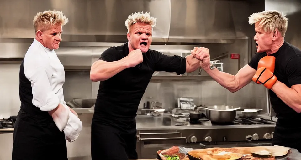 Image similar to photo of angry furious Gordon Ramsay punching Gordon Ramsay at the kitchen