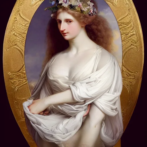 Prompt: Full body Portrait of Lucius as Nike Goddess, pale blond porcelain beauty, extremely pale white skin, long luxurious curly blond hair, large wings, luxuriant, dreamy, eternity, romantic, strong pose, highly detailed, in the style of Franz Xaver Winterhalter, highly detailed, in the style of Aetherpunk