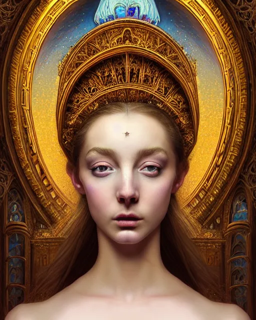 Prompt: portrait of a beautiful young goddess' face merging with a cathedral building, unusual beauty, etheric, outworldly dimmed colours, emotionally evoking symbolic metaphors, head in focus, fantasy, ornamental, intricate, elegant, highly detailed painting, artstation, concept art, painterly, golden ratio, sharp focus, art by James Jean and Zdzisław Beksiński and Antonio Mora,