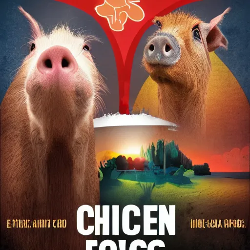 Image similar to Movie Poster Chicken, Cow, Capybara, Pig, Epic, Cinematic, 4K