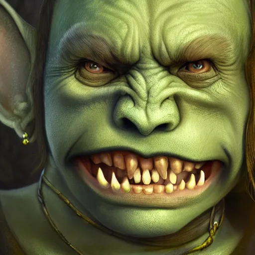 Image similar to a detailed portrait of a cute child orc boy smiling, fantasy art illustration, incredibly highly detailed and realistic, 8 k, sharp focus