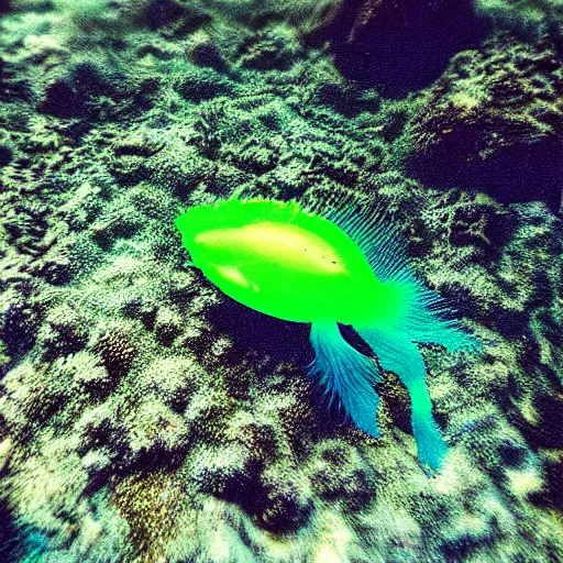 Prompt: “ underwater photograph of distant sea creature, greenish, murky ”