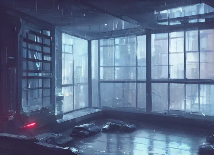 Image similar to interior design quiet loft, big windows, cyberpunk city, rainy day, night, science - fiction, samdoesarts, artstation