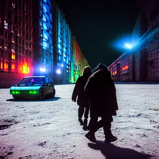 Image similar to people are walking past plasma vehicles, back from work in a Russian cyberpunk city called Neo Norilsk on the Moon, pitch black sky with stunning bright stars, bright sun, diverse, lively, black sky full of stars, blinding bright sun, sci-fi, lots of flying cars, levitation, cyberpunk outfits, photorealistic, grainy, 35mm, intricate, very very beautiful, elegant, smooth, cinematic, Unreal Engine 5, by Beeple, trending on Artstation HD