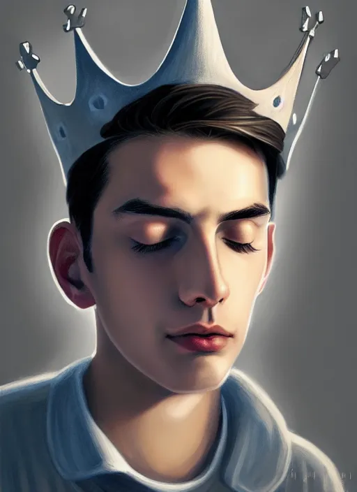 Image similar to portrait of teenage jughead jones wearing a light grey crown, crown, hamburger background, eyes closed, crown, black hair, intricate, elegant, glowing lights, warm lighting, highly detailed, digital painting, artstation, concept art, smooth, sharp focus, illustration, art by wlop, mars ravelo and greg rutkowski