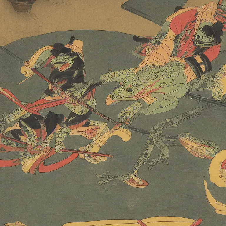 Image similar to Beautiful Intensely lit realistic scene of a Frog Samurai crossing a bridge, beautiful oil painting in the style of Kuniyoshi and Sharaku, trending on artstation dramatic lighting realism