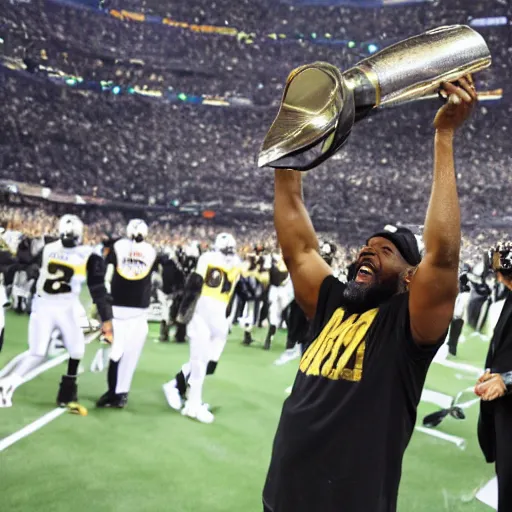 Prompt: Coach Tomlin lifting the Lombardi Trophy triumphantly after winning the SuperBowl