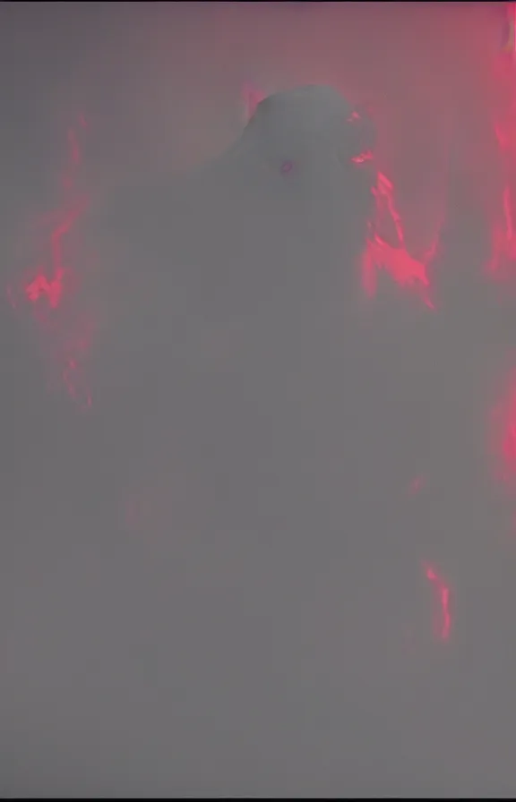 Image similar to very low - resolution found footage of a kaiju monster, fog, smoke, red hue, thriller, underdeveloped, blurry, video compression