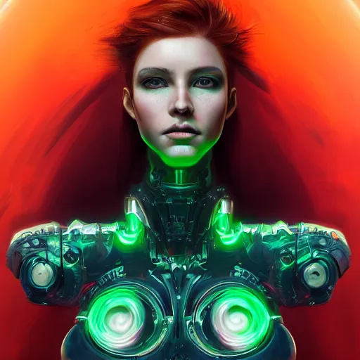 Image similar to a portrait of a beautiful cyborg girl, red hair, glowing green eyes, urban motifs, intricate, elegant, highly detailed, digital painting, trending on artstation, concept art, smooth sharp focus, illustration, raytracing, 8 k rendering, global illumination