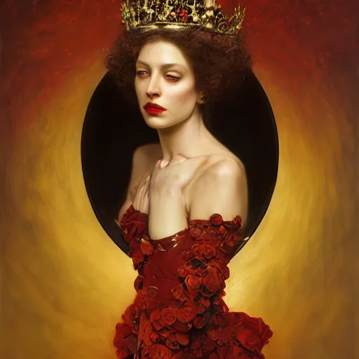 Prompt: highly detailed oil painting | very intricate | cinematic lighting | award - winning | portrait of the queen of roses dressed by alexander mcqueen | by roberto ferri, by tom bagshaw, by j. c. leyendecker and klimt, american romanticism, by austin osman spare, artstation, cgsociety, official art, octane