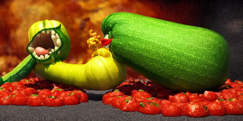 Prompt: detailed 3 d render of a raging zucchini!! character chasing!! down a desperate tomato!, high speed action, explosions, dramatic scene, hyper realistic octane render, cinematic lighting, deviantart, black sky, lowbrow, frame from pixar movie