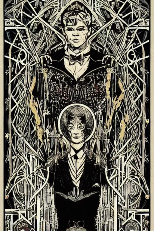 Image similar to a horror tarot card design with intricate details :: like the great gatsby