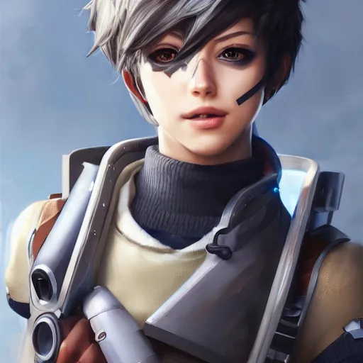 Image similar to a highly detailed portait of tracer from overwatch as nier automata cain, digital art, pretty face, muscular, very beautiful face, very detailed eyes, 8 k resolution, digital painting, by james gurney wlop, greg rutkowski, full body