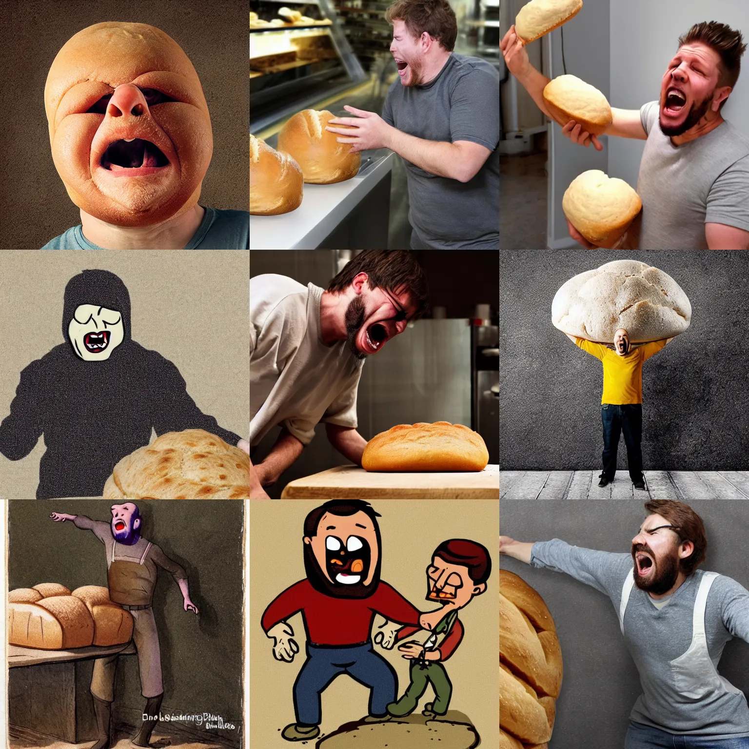 Prompt: man without arms screaming at a breadloaf