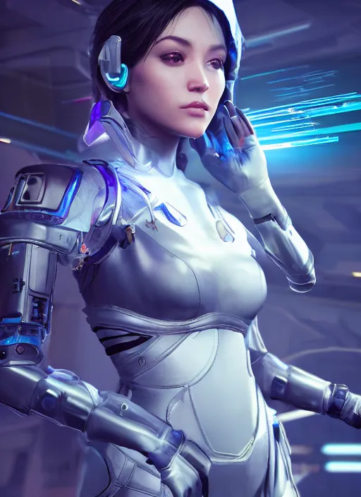 Prompt: female character painting / space fighter / proportional figure / delicate features / alluring / cyberpunk armor / navigator gear / crystal and platin plated / dark blue background / poster style / ultra realistic / ultra detailed / volumetric light. unreal engine / 8 k.