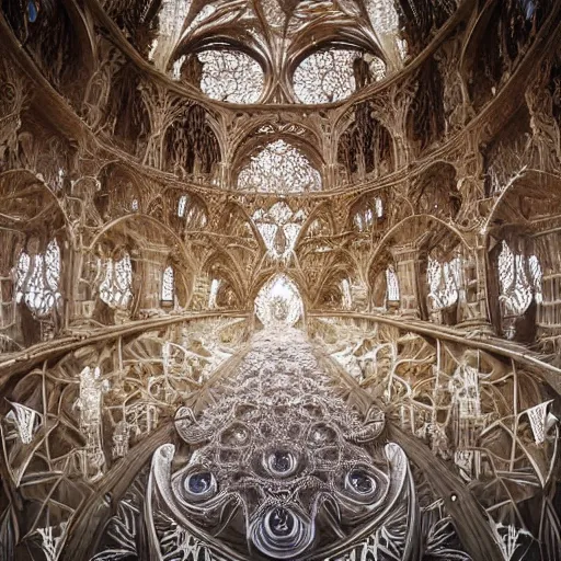 Prompt: a hyperrealistic 3 d render of a huge sprawling fractal cathedral interior populated by mandelbrot fractals by android jones, unreal engine, carved soap, white color scheme, volumetric lighting, octane render, dramatic lighting, glowing, carved marble, opalescent, carved wood, sacred geometry, religious, angelic, catholicpunk, stark, 8 k, ultra detailed