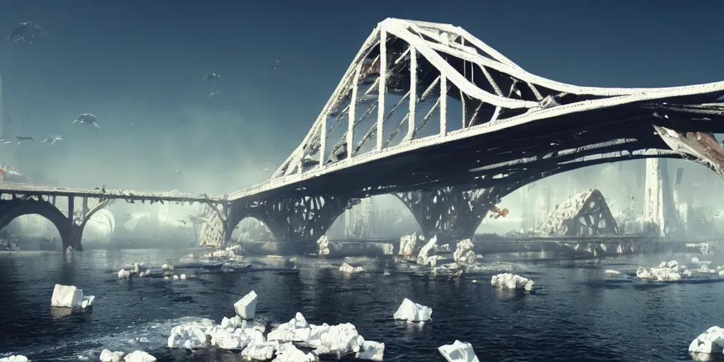 Image similar to huge white cotton everywhere on the destroyed harbour bridge, smooth, sharp focus, highly detailed, 3 d octane render, epic lighting, lots of white cotton, 8 k, by greg rutkowski