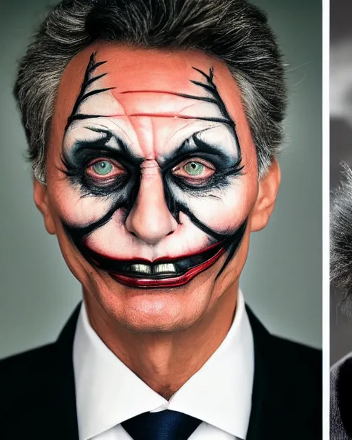 Prompt: Mauricio Macri in Elaborate Cat Man Makeup and prosthetics designed by Rick Baker, Hyperreal, Head Shots Photographed in the Style of Annie Leibovitz, Studio Lighting, Mauricio Macri as the Joker