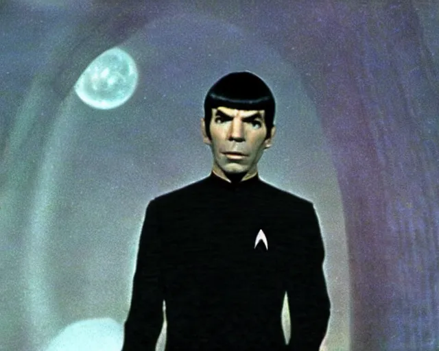 Image similar to film still from star trek, spock on an alien planet, 1 9 6 8
