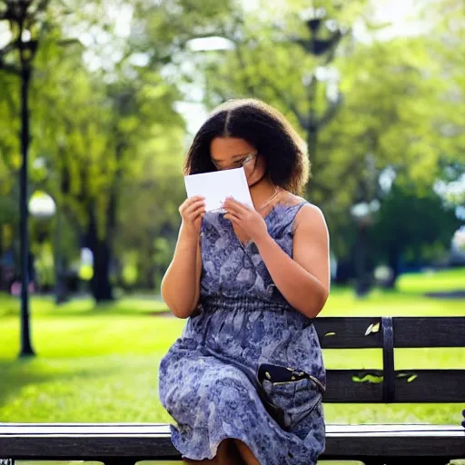 Prompt: A young woman, no older than twenty, sits on a bench in a busy park. She\'s wearing a summer dress and a light jacket, despite the fact that it\'s a warm day. She\'s clutching a small book close to her chest, and her eyes are closed, as if she\'s lost in thought. by Makoto Shinkai