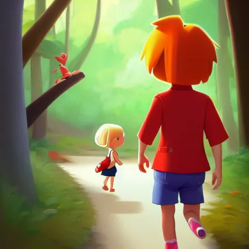 Image similar to goro fujita ilustration dora the explorer with short blonde hair and a long red outfit, walking next to a river in the forest, painting by goro fujita, sharp focus, highly detailed, artstation