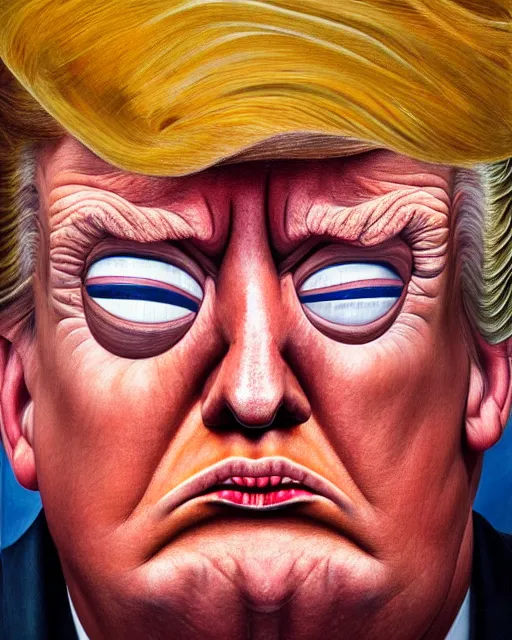 Image similar to a overhead close up portrait of Cyclops Donald Trump with an angry expression, facing front, looking up, by Lucian Freud and Jenny Saville, oil painting, anatomically correct, beautiful perfect face, sharp focus, Highly Detailed, Cinematic Lighting, 8k, HD