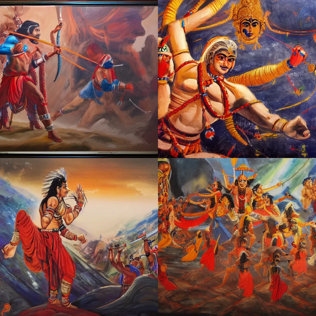 Prompt: an epic cinematic scene from Ramayan, by M F Hussain, oil on canvas, trending on ArtStation, detailed, 8K, HDR, HD,