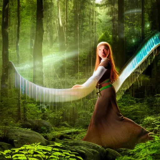 Prompt: A female elf, long light brown hair, playing a pedal harp, in a forest clearing, surrounded by wisps, magical, enchanting