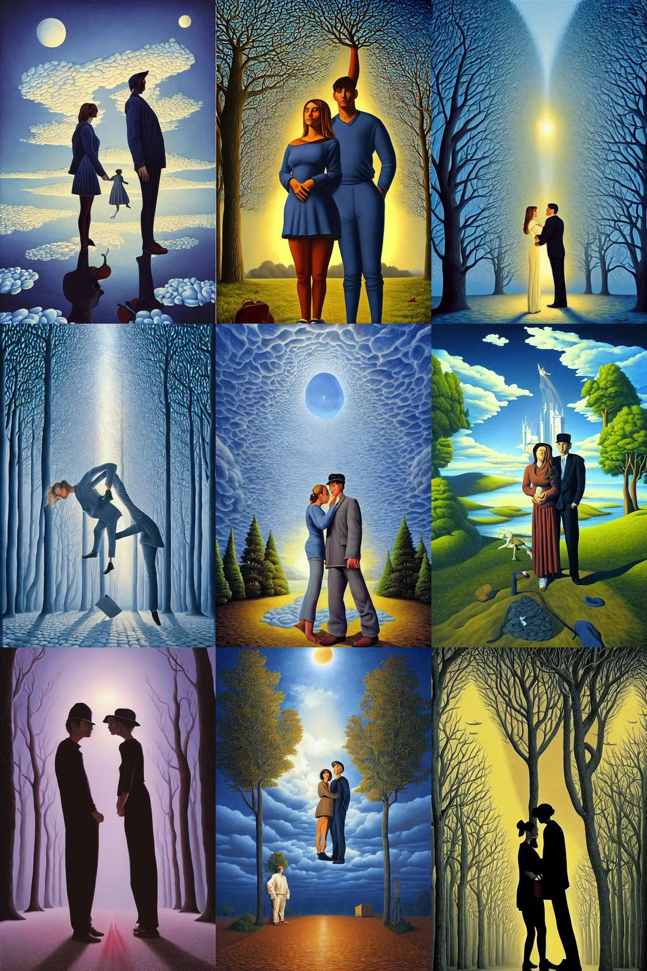 Prompt: a full body portrait of couple painted by rob gonsalves, surrealistic, good light, magical atmosphere.